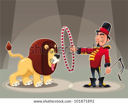 Lion Tamer With Lion. Funny Cartoon And Vector Circus Illustration ...