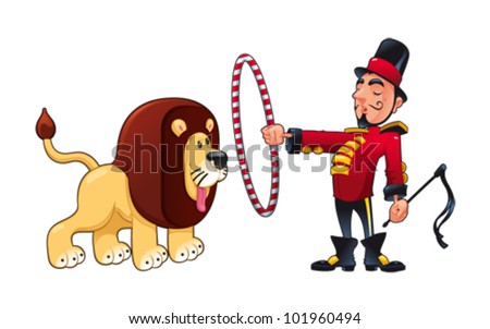 Lion Tamer With Lion. Funny Cartoon And Vector Circus Illustration ...