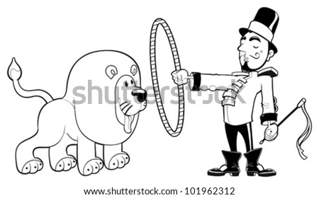 Lion Tamer With Lion. Funny Cartoon And Vector Black And White ...