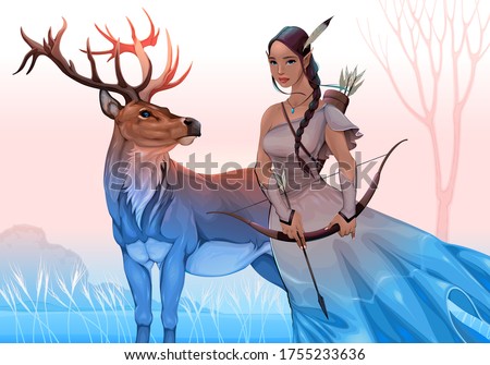 Spirit guides in the nature. Vector fantasy illustration representing an archer elf with deer

