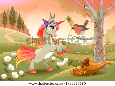 Unicorn and robin. Vector illustration for abundance. 
