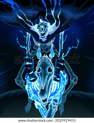 Skeleton is riding a ghost horse. Vector horror illustration
