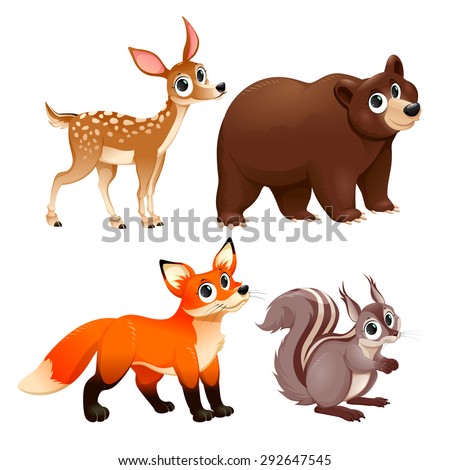 Funny Animals Of The Wood. Deer, Brown Bear, Fox And Squirrel. Vector ...