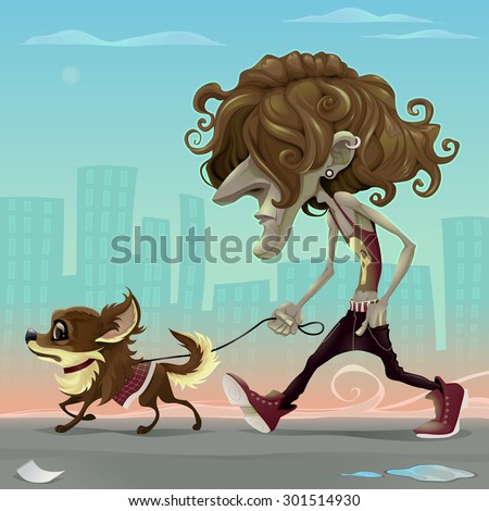 Guy with dog walking on the street. Vector cartoon illustration