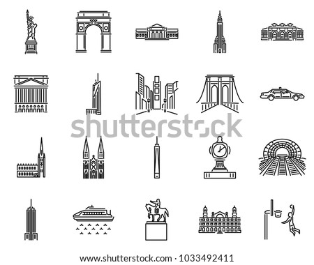 New York icons line style sets. Landmark in NYC. Vector building in america. Skyline, Culture, Garden, Hall.