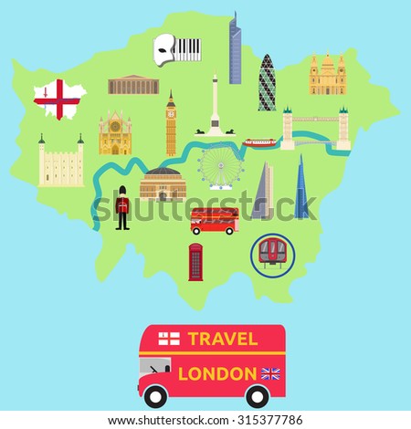 Map Of London Attraction Landmark.Bridge, Big Ben, Museum, Bus, London ...