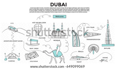 Doodle style. Travel dubai concept. Modern line style concept for web banners. Adventure desert safari, bus tour, yacht, hot air balloon, mosque, culture, diving, camp desert. landmark .