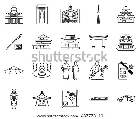 Japanese icons line sets. Symbols of Bank, Exchange, Shopping, Skyline, Hiroshiwa, Himeji, Temple of the golden, Bullet train, sushi, music, sumo, samurai, snow monkey, baseball,  hybrid car.