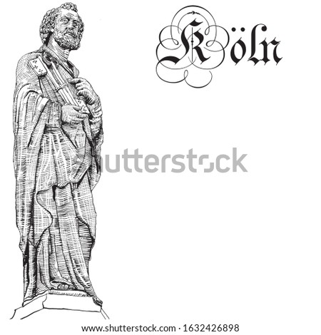St. Peter holds the keys to paradise. Detail of the Petrusbrunnen (meaning St Peter fountain) . Cologne (inscription on the image), Germany. Vector hand made illustration in engraving style