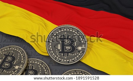 3d rendering of a metallic Bitcoin over German flag Foto d'archivio © 