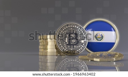 3d rendering of some metallic Bitcoins in front of an badge with the Salvadoran flag