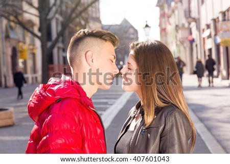 Teen Couple Kiss, City Outdoor, Walking Street Stock Photo 407601043 ...