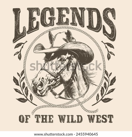 Legends of the wild west.Wild west poster design depicting a horse in a cowboy hat in the form of a sketch.