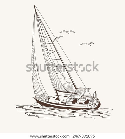 Sailboat in the sea, summer adventure, active vacation. Seagoing vessel, marine ship or nautical caravel. water transport in the ocean for sailor and 