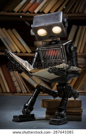 Robot-child reading a book in the library of its creator