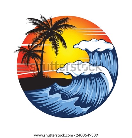 Tropical Summer wave surf illustration with palm trees for t shirt, sweatshirt and other uses.