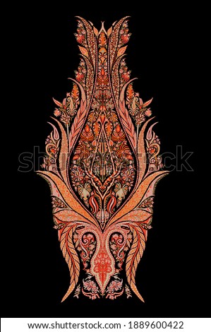 A beautiful ethnic paisley illustration on black. Amazing motif for apparel digital print. HD motif for digital textile design with elegant colour scheme. 