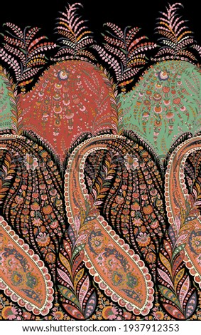 A beautiful paisley border design  in repeat with amazing colours for apparel.