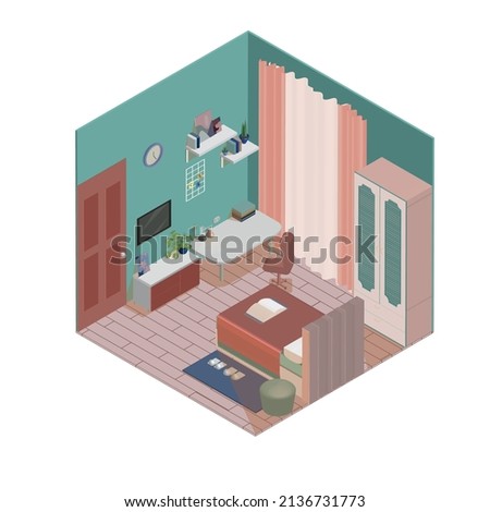 Isometric detailed 3d bedroom interior in flat style with wardrobe, bed, desk, tv and more. Can be used for infographics, posters, magazines.