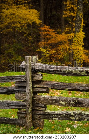 Wooden fence with fall colors in the background at the Great Smoky Mountain National Park. Fall 2014