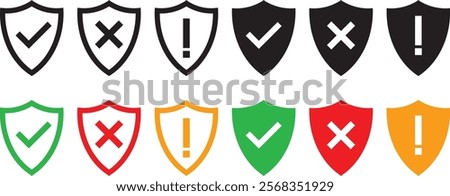 Shield check mark or cross mark icon set. Protect shield security symbol. Shield plus mark and Shield exclamation mark. Safety or protection sign