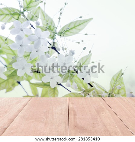 old wooden floor platform on green leaf and flower  nature ,  background