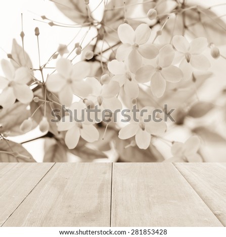 old wooden floor platform on green leaf and flower  nature ,  background