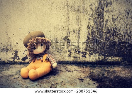 soft toy on the old grunge wall ,retro and vintage style  Soft focus  Process color.