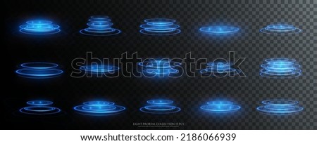  Collection of futuristic hud podiums or portals blue or neon HUD PNG. Technological background. Light glass circles, lines, table, HUD platform PNG. Foto d'archivio © 
