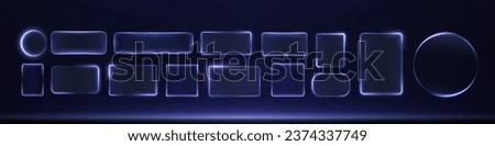 Collection of futuristic neon frames. Technology background. Set of glowing blue glass rectangular, square and round frames on a dark background. Neon light screens. Vector png.