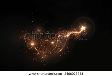 Magic golden wind png festive isolated on transparent background. Golden comet png with sparkling stars and dust. Powder dust light PNG. Magic shining gold dust. Fine, shiny dust bokeh particles fal