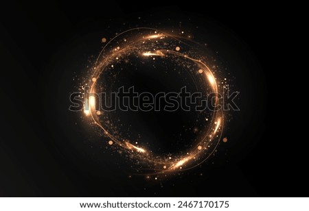 Vector light line effect of golden circle. Luminous fire trail on a transparent background. Light round line with an advantage effect. Golden dust circle light png.	
