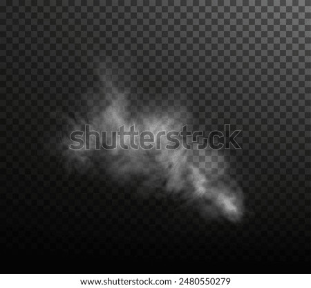 Vector isolated smoke PNG. White smoke texture on a transparent black background. Special effect of steam, smoke, fog, clouds.