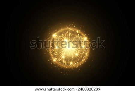 Powerful ball lightning yellow png. A strong electric charge of energy in one gold ring. Element for your design, advertising, postcards, invitations, screensavers, websites, games.