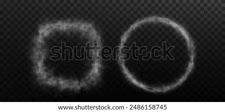 White smoke circle square puff isolated on transparent black background. PNG. Steam explosion special effect. Effective texture of steam, fog, smoke png. Vector.	
