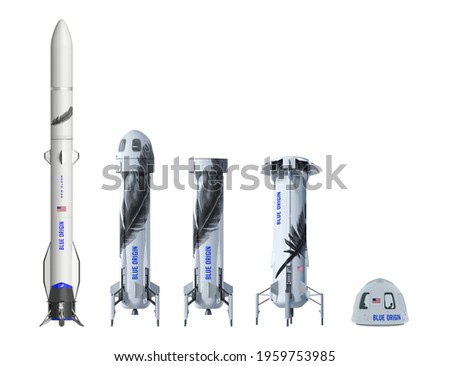 Jeff Bezos spacecraft, BLUE ORIGIN, A set of modern spacecraft. Vector illustration