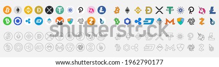 Bitcoin, Ethereum, Tether, dogecoin, Cardano, Binance Coin, Polkadot end xrp Bitcoin. vector