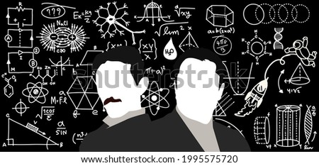 elon musk end nikola tesla, Silhouette of two great scientists against the background of scientific formulas