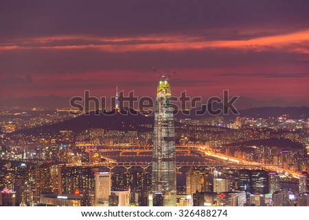 South Korea skyline of Seoul, The best view of  Lotte world mall at Namhansanseong Fortress.