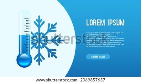 Frost, cold, information banner. Low temperature vector banner. Thermometer, snowflake and inscription.