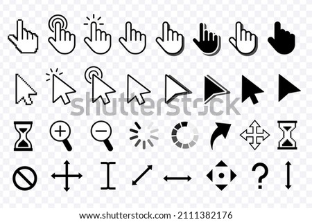 Computer Mouse click cursor. Mouse pointers set. Black vector icons of arrows and hands. Different smooth and pixel mouse cursors. Vector clipart. 