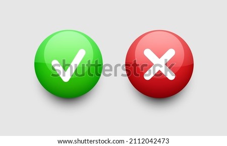 Check mark and cross icon. Green and red 3d buttons with a white check mark and a cross. Vector clipart isolated on white background.