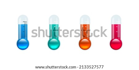 Thermometer with blue, red, pink mercury. Thermometers show different temperatures. Temperatures below and above zero. Vector illustration isolated on white background.