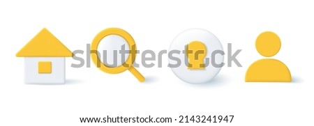 Set of 3d icons for the website. Home, magnifier, user, personal account, keyhole. Vector clipart isolated on white background.