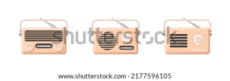 Retro radio. Set of 3d cartoon cute radios. Claymorphism radio. Vector set. Clipart isolated on white background.