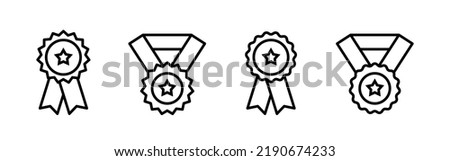 Medal icon. Medal with star and ribbon. Set of black flat icons. Vector clipart isolated on white background.