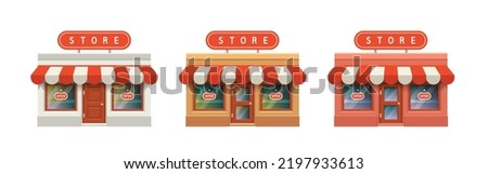 Shop with two windows. 3d shop icons. Store icons. Vector clipart isolated on white background.