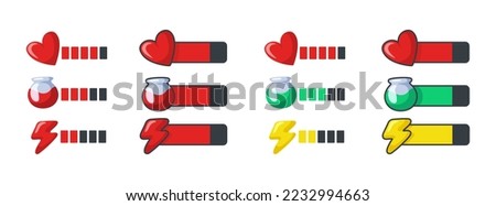 Health, Mana, Energy. Big set. Mana bar, energy bar, life bar. Scale for video game. Video game interface elements. Vector clipart isolated on grey background.