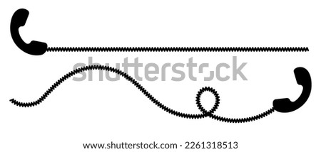 Telephone receiver with a cord. Phone handset with extension cord. Black silhouette isolated on a white background. Vector set.