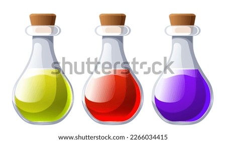 Potion bottle set. Mana bottles. Elixir of health or mana. Icons for video games. Vector clipart.